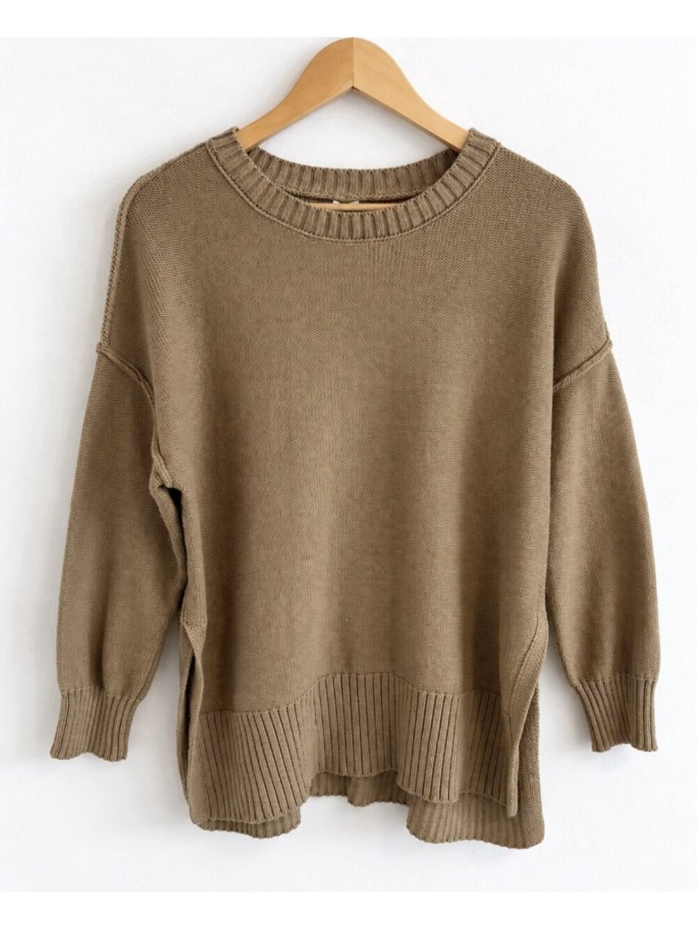 Aerie Oversized Crewneck Sweater Side Slit Cozy Minimalist Tan Women’s S